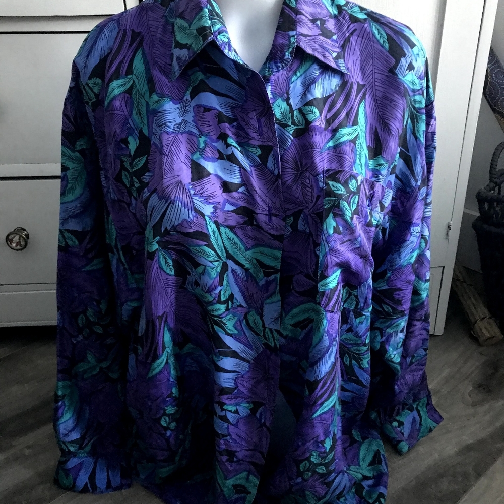 Vtg Lady Dame Silk Hawaiian Purple Blue Size L /40